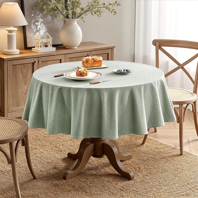 MIULEE Sage Green Linen Cotton Table Cloth Round Tablecloth Spring Waterproof Spillproof Cross-Star Textured Table Cltoth Decorative Farmhouse Style for Dining Party Weddings 60 Inch