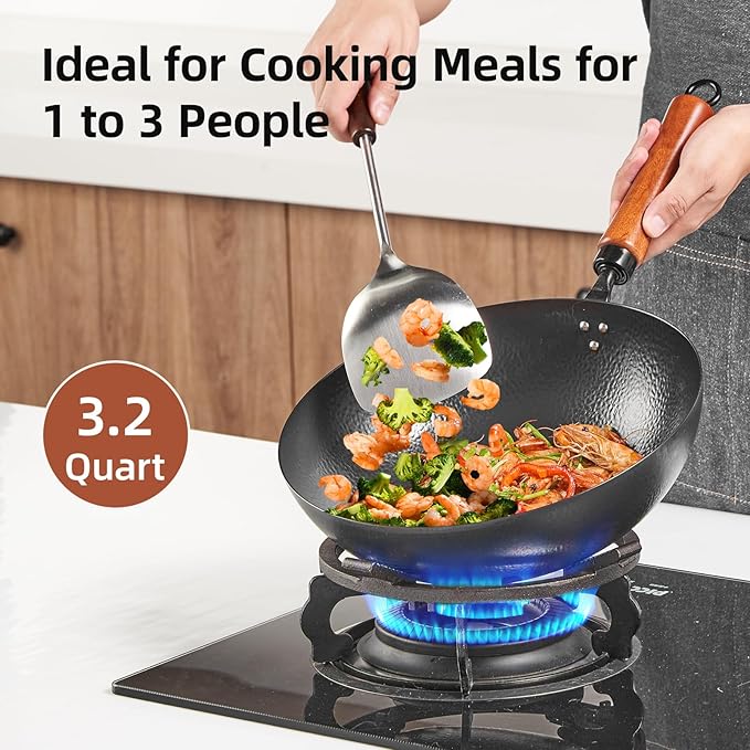 11 Inch Round Bottom Wok, Cold-Forged Iron Wok with Glass Lid, Carbon Steel Wok with Wooden Handle, Heavy-Duty Stir Fry Pan for Gas Stoves and Round-Bottom Induction Stovetop