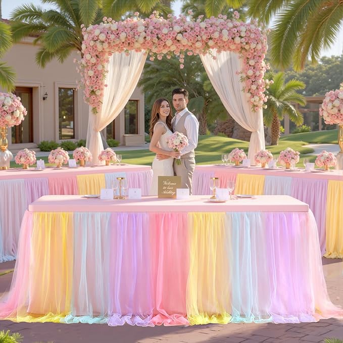 Rainbow Tulle Birthday Party Tablecloth for 6 Foot Rectangular Tables 6ft Rectangle Rainbow Table Cloths for Parties Wrinkle Free Table Cover with Tutu Skirt for Baby Shower Girls Banquet Buffet Cake
