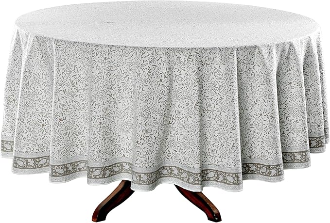Ridhi Block Print Round Taupe Jal Reusable Tablecloth 100% Cotton 60" Inch Decorative Table Cover eveyday Dining, Home, Party, Wedding, Farmhouse Gift for Spring, Easter, Valentine