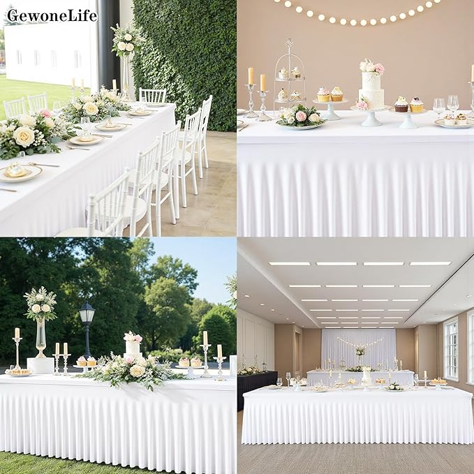 2 Pack White Rectangle Tablecloths, Washable Stretch Fitted Spandex Table Covers for 6FT Tables, Wrinkle-Free & Reusable Table Cloths,Ideal for Parties, Banquets, Wedding, Buffet,Events