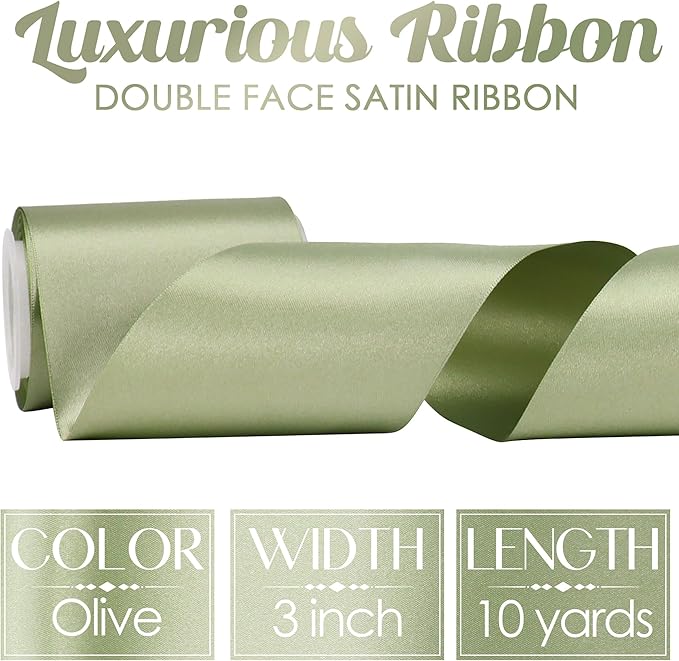 MEEDEE Green Satin Ribbon Lux Double Faced Satin Ribbon 3 Inch Green Christmas Ribbons by 10 Yards Olive Green Ribbons for Christmas Tree, Flower Bouquet, Weddings, Bow Making, Holiday Decorating