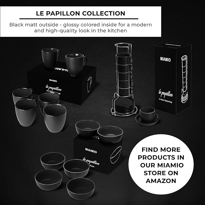 MIAMIO - 2.5 oz Espresso Cup Set with Saucers Coffee Mug Set of 6 - Ceramic Coffee Mug Stackable Espresso Mug with Stand for Coffee Drinks, Latte, Cafe Mocha - Le Papillon Collection (Black)