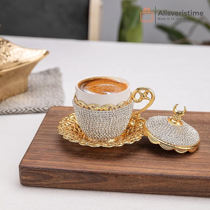 Alisveristime 27 Pc Ottoman Turkish Greek Arabic Coffee Espresso Serving Cup Saucer Crystal Set (Gelincik) - Handcrafted Traditional Set with Hilal Motifs (Gold)