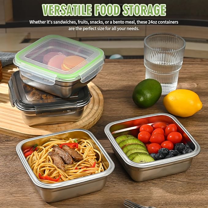 3 Pack Sandwich Containers, 24oz Stainless Steel Sandwich Box with Airtight Lids, BPA-Free, Dishwasher Safe, Durable & Reusable Metal Meal Prep Lunch Boxes for Fruits, Snacks, Bento (Green)