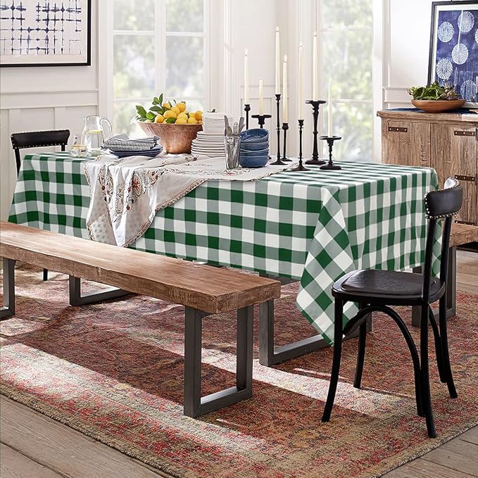 Hiasan Christmas Plaid Tablecloth Waterproof, 2 Pack, 60 x 120 inch - Checkered Table Cloth Rectangle for Holiday/Spring Party/Outdoor Picnic/Kitchen, Forest Green and White