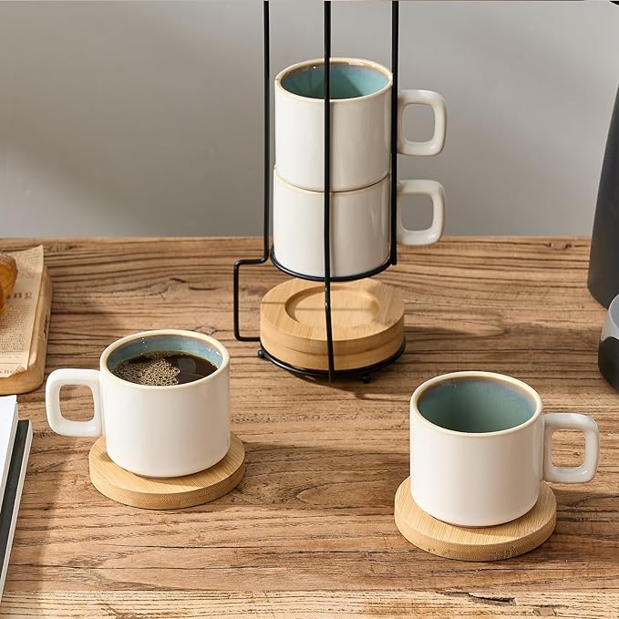 LUKA Porcelain Stackable Espresso Cups with Saucers and Metal Stand, 4 Ounce Small Ceramic Demitasse Cups Set for Latte, Specialty Coffee Drinks, Cafe Mocha,Tea - Set of 4, White Green Interior