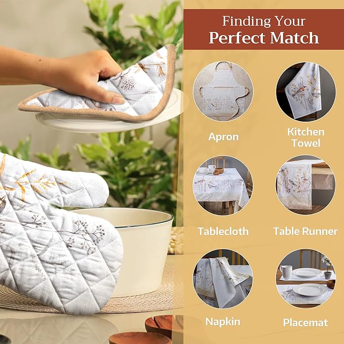 Maison d' Hermine Pot Holders 100% Cotton Heat Resistant Potholders 8" x 8" Hot Pads with Loop BBQ, Cooking, Grilling, Kitchen, Handling Hot Pans Spring/Summer (Pack of 1, Meadow Florals - Beige)