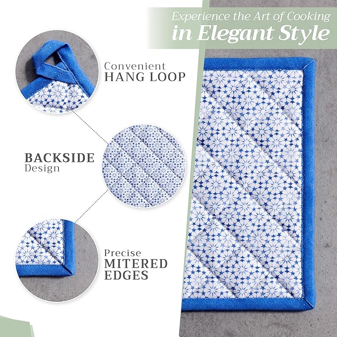 Maison d' Hermine 100% Cotton Oven Mitt & Pot Holder Set (7.5"x13" & 8"x8") Heat Resistant BBQ Cooking Gloves with Loop, Baking, Grilling, Kitchen, Handling Hot Pans Spring/Summer (Passiflora)