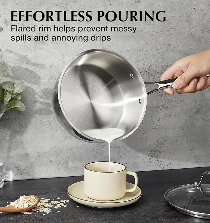 KOCH SYSTEME CS Triply Stainless Steel Saucepan, 3 Quart Stainless Steel Pot with lid, Large Cooking Pot, 3QT Sauce Pan with Stay Cool Handle, Induction Compatible Pot, Oven Safe 600°F