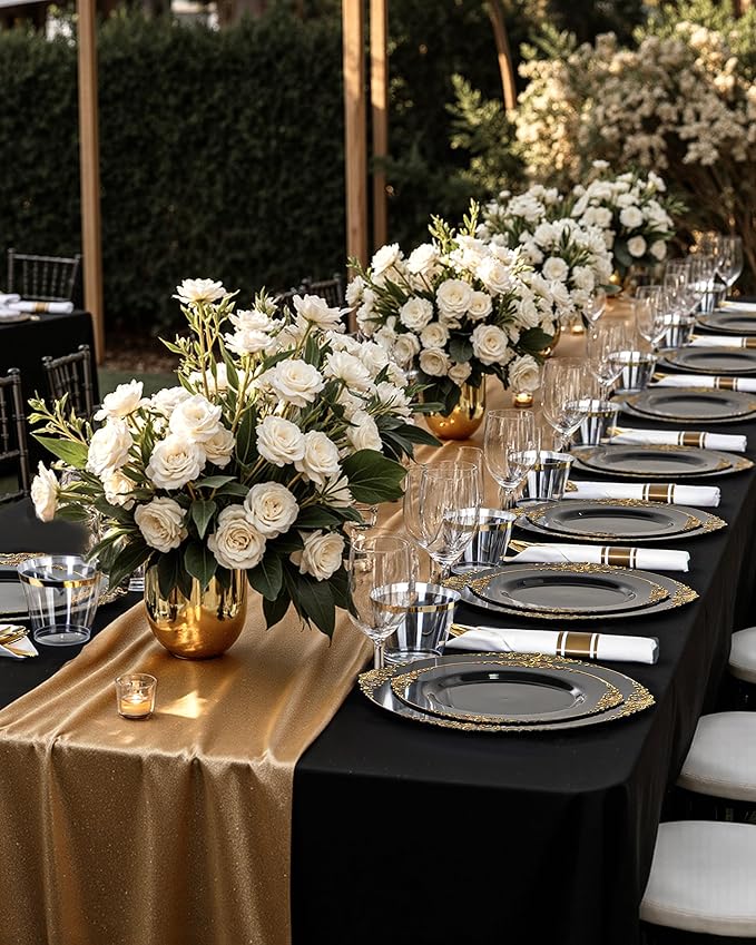 Nervure 175PCS Black Plastic Plates - Disposable Black Gold Party Plates & Pre Rolled Napkins with Cutlery for 25 Guests, 50Plates, 75Silverware, 25Cups, 25Napkin for Wedding & Party