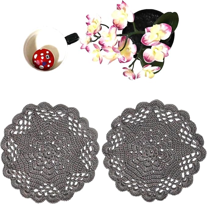 BIBITIME Handmade Crochet Round Lace Doilies Kitchen Table Placemats Wedding Tea Flower Vase Cup Mats (Dark Grey, 6" to 7",Pack of 2PCS)