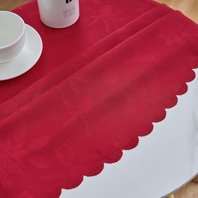 Christmas Round Tablecloth Red Small 40 Inch Table cloths Up to 26" Dia Tables Leaves Pattern Scalloped Edge Waterproof Washable Jacquard Table Cover-Kitchen Dinner Decor Talking Coffee Bar