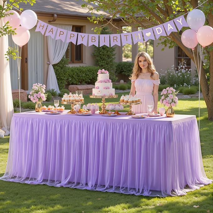 Lavender Tulle Tablecloth for 6 Foot Rectangular Tables 6ft Light Purple Table Cloth Rectangle Wrinkle Free Lilac Table Cover with Tutu Skirt for Wedding Birthday Party Baby Shower Banquet Buffet