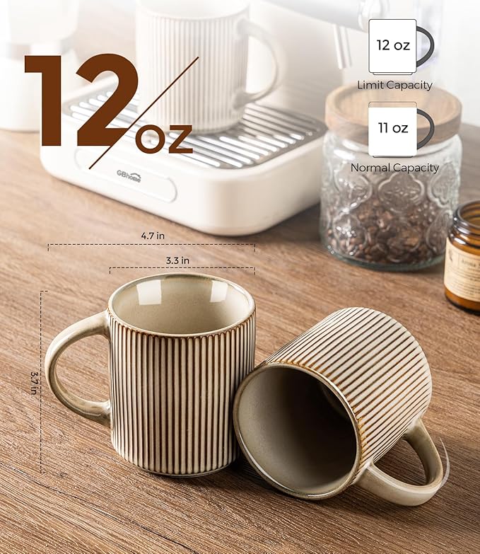 GBhome Coffee Mugs Set for 6, 12oz Coffee Cups with Handle for Man,Woman,Dad,Mom, Stoneware Mugs Sets for Coffee, Latte,Tea, Hot Cocoa, Milk, Dishwasher&Microwave Safe, Cappuccino