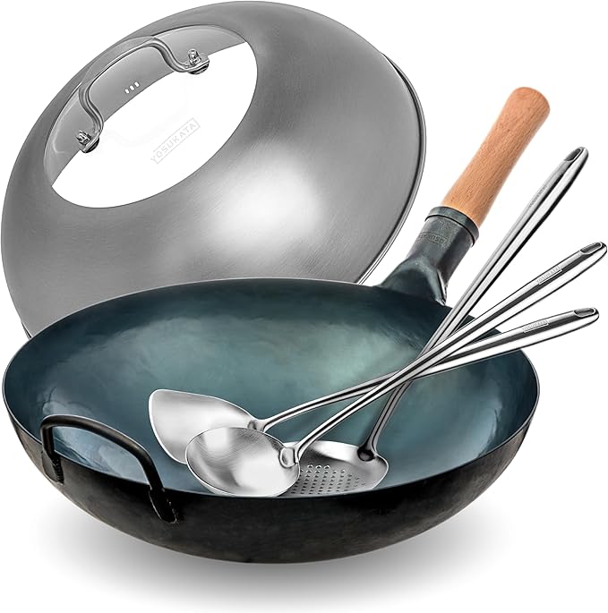 YOSUKATA Blue Round Bottom Wok Pan – 14" Woks and Stir Fry Pans + 17" Wok Spatula and Ladle Skimmer Spoon + Wok Lid 13.6 Inch