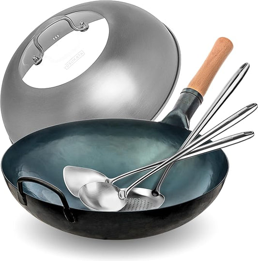 YOSUKATA Blue Round Bottom Wok Pan – 14" Woks and Stir Fry Pans + 17" Wok Spatula and Ladle Skimmer Spoon + Wok Lid 13.6 Inch