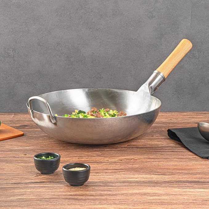 Motomori 14 Inch Hand-Hammered Carbon Steel Wok, 10 Traditional Japanese Wok - Flat Bottom, Wooden Handle, Black Carbon Steel Traditional Stir Fry Pan, With Helper Handle - Restaurantware