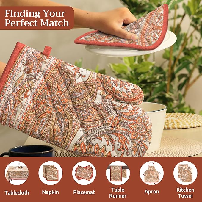 Maison d' Hermine 100% Cotton Oven Mitt & Pot Holder Set (7.5"x13" & 8"x8") Heat Resistant BBQ Cooking Gloves with Loop for Thanksgiving Christmas Decorations Handling Hot Pans (Kashmir Paisley)
