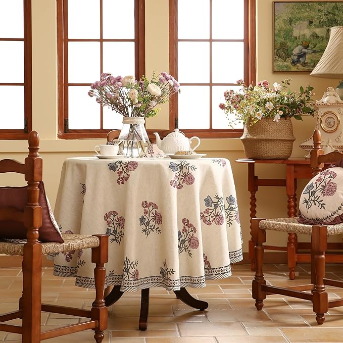 ISAENNE Designer Linen Light Beige Round Tablecloth,French Colorful Floral Table Cloth,Fall Stain Resistant Decor Tablecloths for Dining Thanksgiving Christmas Kitchen,Diameter 67"-Helena E