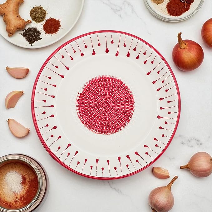 Ceramic Grater Bowl, Garlice Grater Plate, Handmade Ginger Grater, Mincer Bowl for Cheese &Vegetables, Ceramic Decorative Mincer, Hand Dish for Garlic (Red Drops)