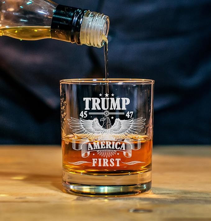 Donald Trump America First Whiskey Glass - Laser Engraved 11oz Old Fashioned Glass, Political Gift for Men, MAGA Merch, Right-Wing Collectible