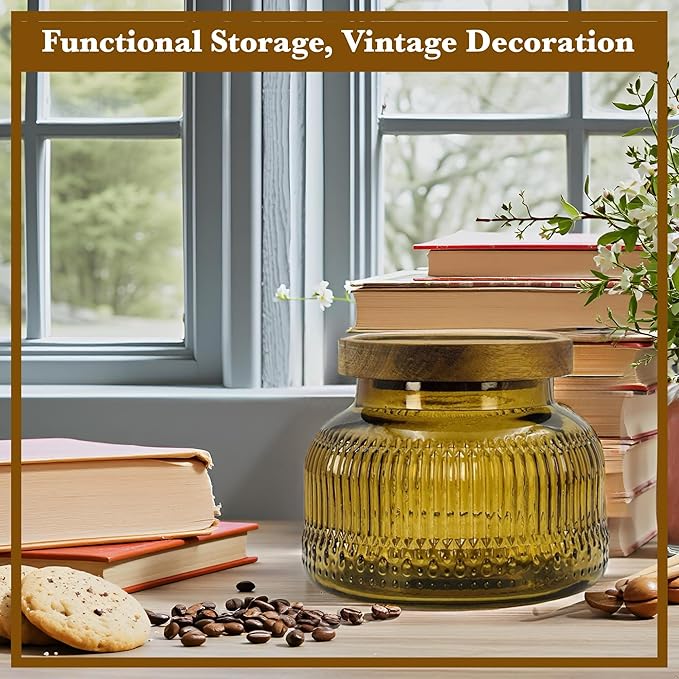 Decorative Amber Glass Jar with Airtight Wooden Lid 25.4 oz, Wide Mouth Vintage Kitchen Food Storage Container for Cookie Candy Honey Flour Spice Coffee Tea, Home Decor Sand Candle Holder Vase