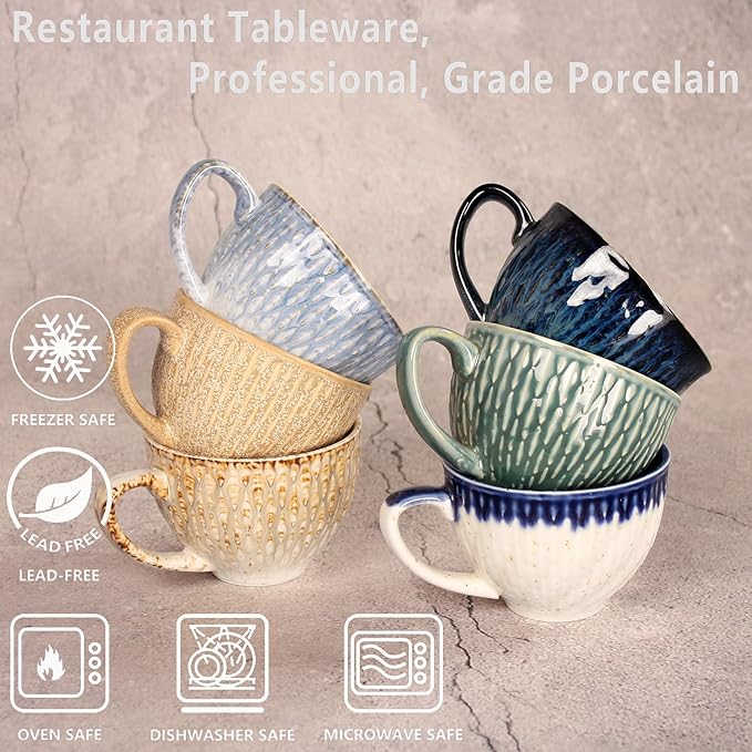Coffee Mugs Set of 6, 6.8 oz Ceramic Tea Cup, Espresso Cups, Stackable Cups, for Latte, Hot Tea, Cappuccino, Mocha, Cocoa, Milk Tea - Dishwasher & Microwave Safe,Six colors