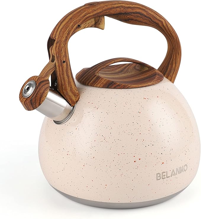 BELANKO 2.7 Quart Tea Kettle for Stovetops - Food Grade Stainless Steel Teapot with Loud Whistle, Cool-Touch Wood Pattern Handle, Rust-Resistant Whistling Kettle - Starry Cream