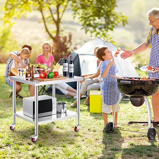 Vevor 30x36x34 Inch Stainless Steel Work Table 3-Stage Adjustable Shelf with 4 Wheels Heavy Duty Commercial Food Prep Worktable with Brake for Kitchen Prep Work