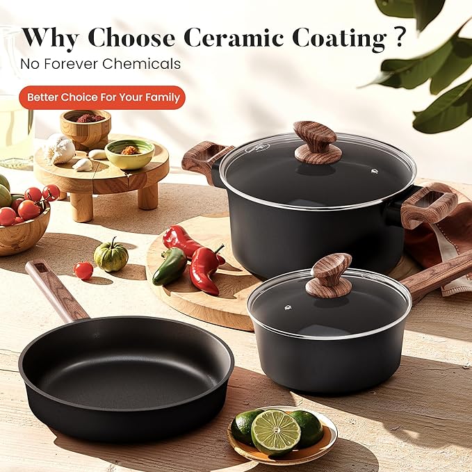 Kitchen Academy Non Toxic Pots and Pans Set Non Stick - 10 Pcs Induction Ceramic Cookware Set, Healthy Nonstick Black Cooking Pans Set, PFAS/PTFE/PFOA & PFOS Free