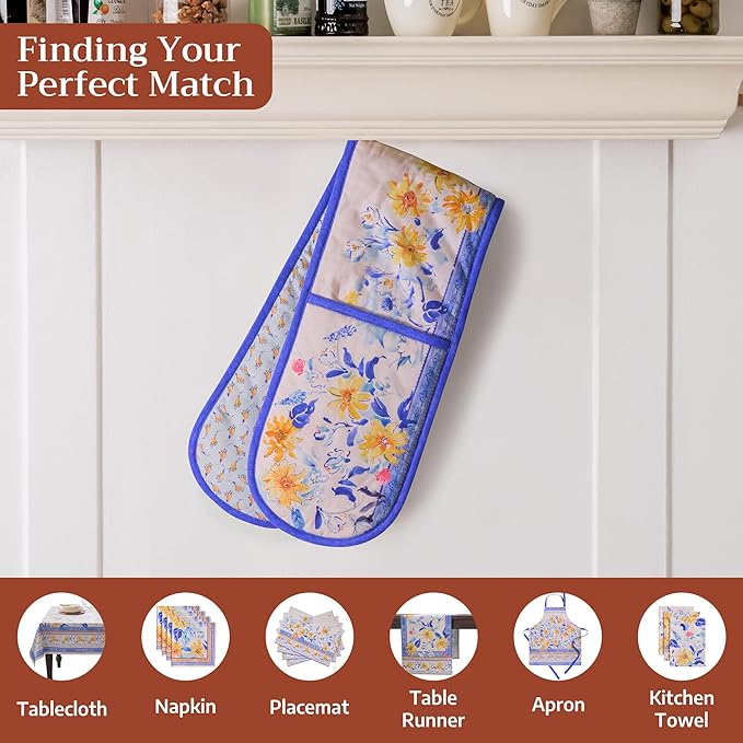 Maison d' Hermine Double Oven Mitts 100% Cotton 7"x35" Double Oven Mitt Heat Resistant BBQ Cooking Gloves with Loop, Baking, Grilling, Home, Kitchen, Handling Hot Pans Spring Summer (Girassol)