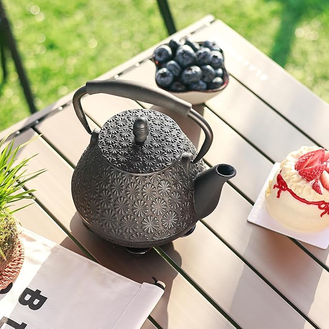 Cast Iron Teapot, 32oz Japanese Sakura Blossom Pattern Tea Kettle, Stovetop Safe, Infuser for Loose Leaf & Coffee, Silicone Handle, Enamel Interior, 950ml Black