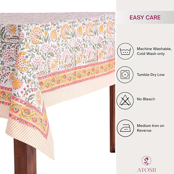 ATOSII Clover Yellow 100% Cotton Rectangle Fall Tablecloth, Handblock Floral Print Linen Table Cloth for Kitchen Dining I Parties, Outdoors, Christmas, Thanksgiving I 72 X 108 Inches I 8 Seater