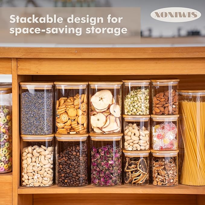 51oz 3PCS Glass Storage Container with Wood Lid for Kitchen Organization, Food Storage Pantry Jar with Airtight Lids for Cereal, Oat, Pasta, Flour, Rice, Sugar, Tea, Coffee, Cookie, Candy