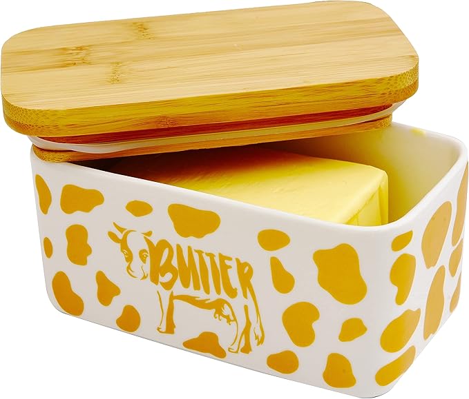 Butter Dish with Lid, Farmhouse Cow Butter Dish, Covered Butter Holder, Two Sticks of Butter, Large Covered Tray with Bamboo Lid (Gold)