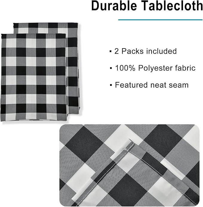 Hiasan Buffalo Plaid Tablecloth Waterproof, 2 Pack, 54 x 54 inch - Black and White Checkered Table Cloth Square for Outdoor Picnic/Party/Dining