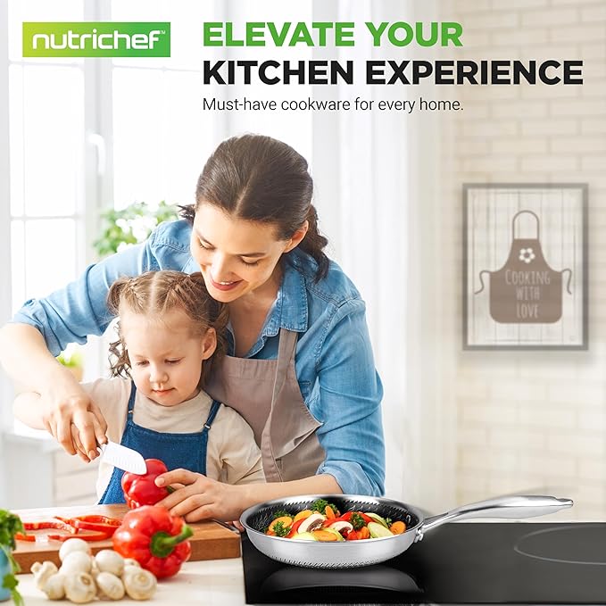 NutriChef 8” Stir Fry Pan with Glass Lid – Non-Stick Frying Pan, Triply Stainless Steel Cookware, DAKIN Etching Non-Stick Coating, Aluminum Core for Quick and Even Heat, Oven Safe, Dishwasher Safe