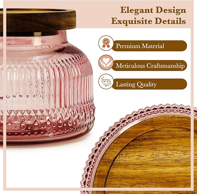 Decorative Pink Glass Jar with Airtight Wooden Lid 25.4 oz, Wide Mouth Vintage Kitchen Food Storage Container for Cookie Candy Honey Flour Spice Coffee Tea, Home Decor Sand Candle Holder Vase