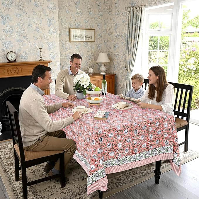 Ridhi Hand Block Print Dark Salmon Pink Rectangle Cotton Tablecloth 118" x 70" Reusable Table Cover Decorative Everyday Use for Dining, Farmhouse, Home Gift for Spring, Easter, Valentine
