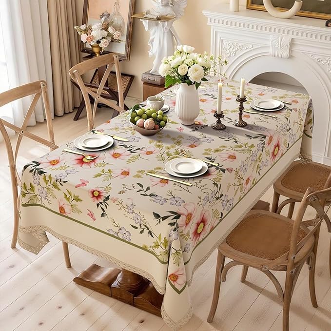 Vintage Linen Floral Rectangle Tablecloth, French Rustic Table Cloth with Flowers and Leaves Pattern, Waterproof Decor Table Cover for Dining Kitchen Party Christmas, 55''x 70''