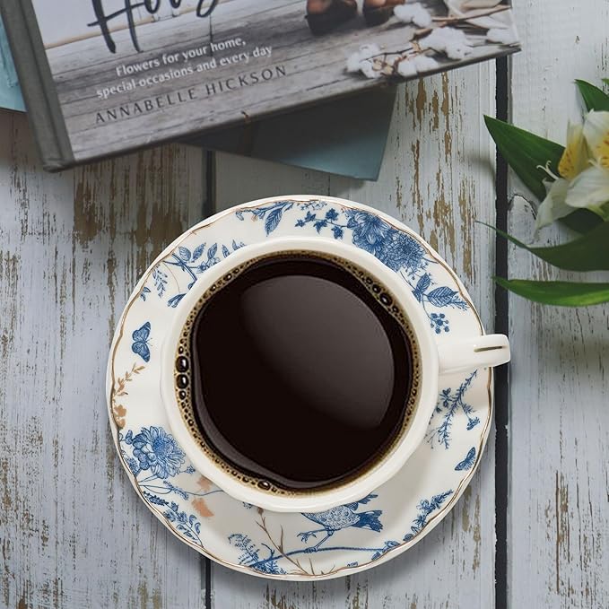 Tea Cups and Saucers Coffee Cappuccino Espresso Latte Cup Mugs Special Gold Line Ceramic Cup Porcelain Tea Cups Set of 2 (7 oz) for Gifts,Party,Gatherings, Afternoon Teas,Receptions