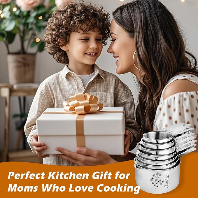 Personalized Stainless Steel Measuring Cups & Spoons Set, Custom Kitchen Tools with Wildflower & Name, Mothers's Day Gifts For Mom, for Cooking & Baking