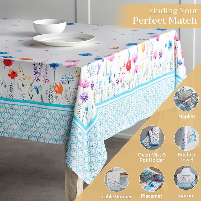 Maison d' Hermine Table Cloth Rectangle Table 100% Cotton 60 x 120 Inches Tablecloth Reusable Decorative for Dining Room Farmhouse Home Valentines Day Decorations Spring Summer - Flower in The Field