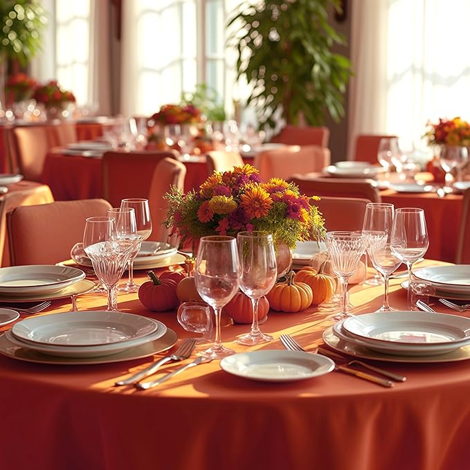 sancua Thanksgiving Round Tablecloth 90 Inch Diameter, 8 Pack Burnt Orange Circle Polyester Fabric Fall Table Cloth for Holiday Party Reception, Washable Table Cover (Fit 30-72 Inch Tables, Rust)