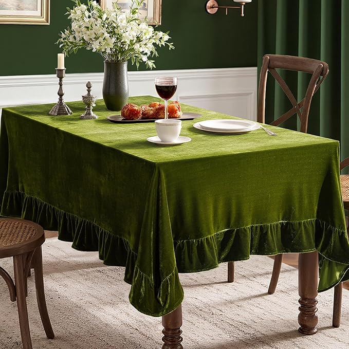MIULEE Velvet Table Cloth with Decorative Ruffle Edge Luxurious Soft Spring Washable Rectangular Tablecloth Thick Wrinkle-Resistant Oblong Table Cover for Kitchen Dining 60x120 Inch Olive Green
