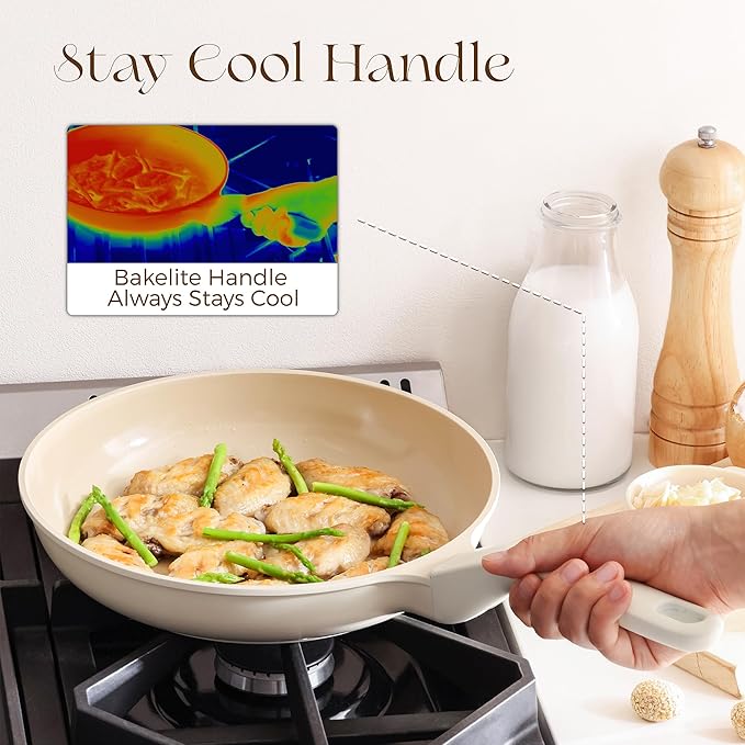 PRICUSIS 5Pcs Ceramic Nonstick Frying Pan Set, 8+10+12 Inch Induction Compatible Skillet with Stay Cool Handle, Fully Coated, 100% Dishwasher Safe, PFAS & PTFE & PFOA Free (Coconut White)
