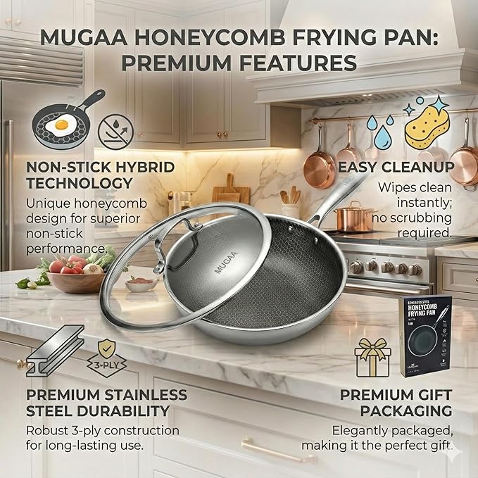 10” Non-Stick Stainless Steel Frying Pan with Lid | Honeycomb Hybrid Skillet for Induction, Gas & Electric Stovetops | Oven Safe, Dishwasher Safe | Premium Gift Packaging