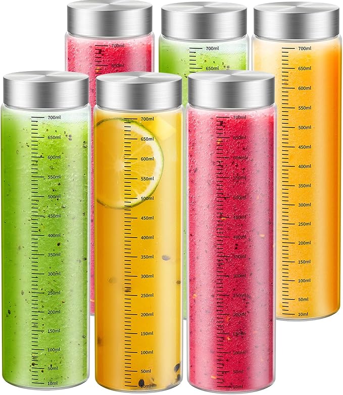 25 Oz Glass Juice Bottles, 6 Pack Glass Bottles with Lids, BPA Free, Borosilicate Glass, Leak Proof Lids for Juicing, Smoothies, Water Bottles, Food Storage, Shaker Bottles