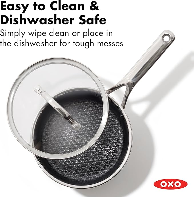 OXO Hybrid 2.5QT Nonstick Saucepan with Glass Lid, PFAS-Free Ceramic Chef Pot, Oven Safe to 850F, Induction & All Cooktop Compatible, Dishwasher Safe, Mirror Polished Tri-Ply